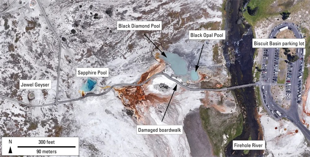 Biscuit Basin aerial view of hydrothermal explosion on 7/23/24